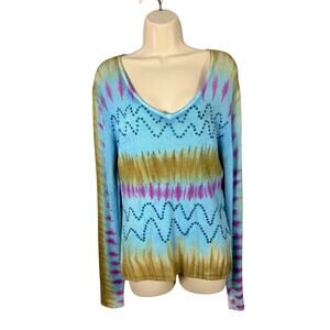 Louise FD Sweater Top Womens S/M Blue Tie Dye Sequin V-neck Silk Wool Blend